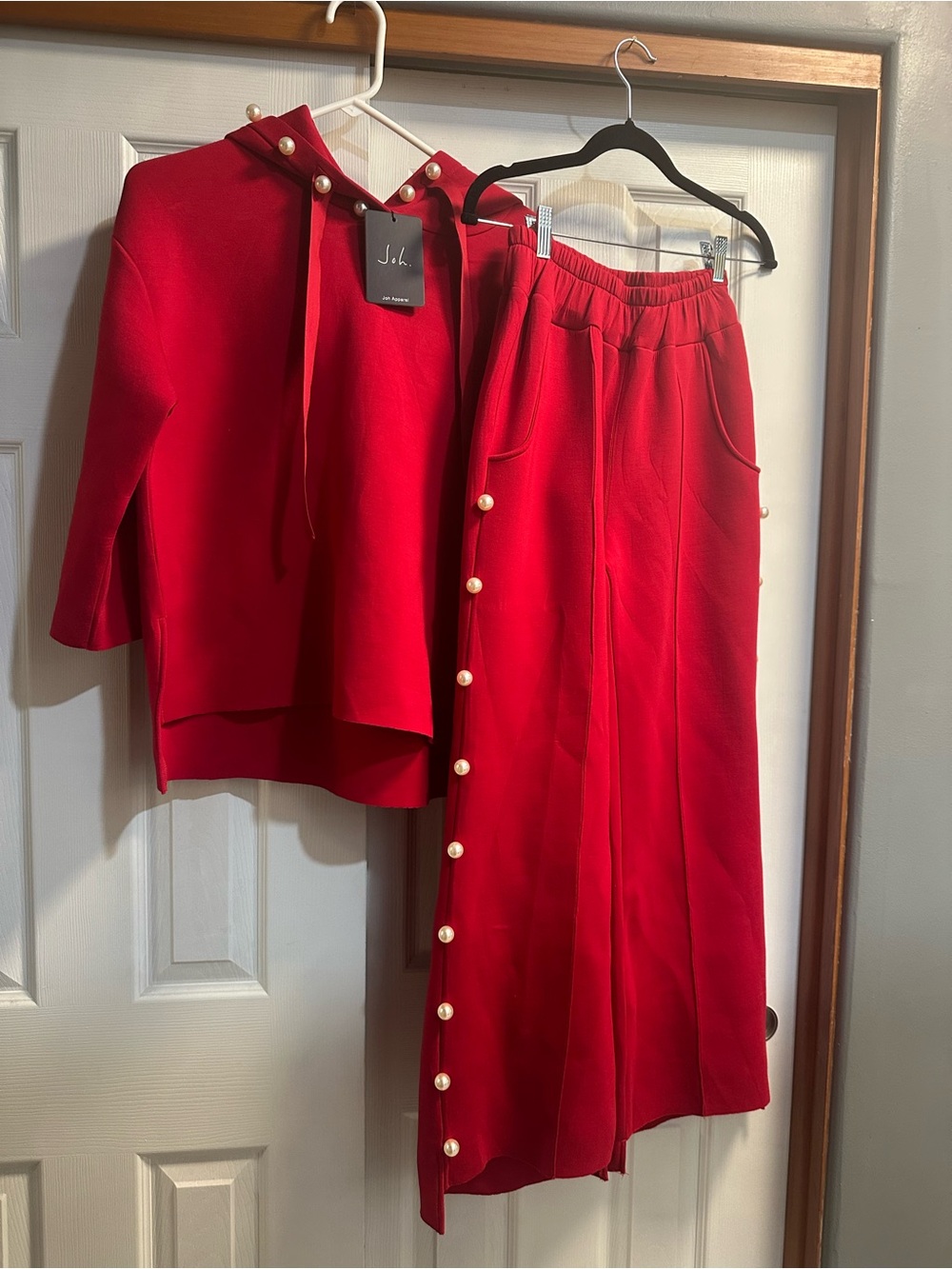 J. Crew Red Knit Hoodie and Pearl-Trim Wide-Leg Pants